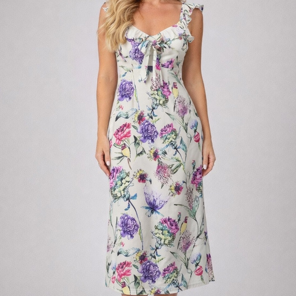 🆕Frill trim cami dress w/knot open back - Picture 1 of 7